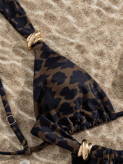 Swim Vcay Women's Spring/Summer Beach Music Festival Leopard Print Metallic Accessories Thick Shoulder Strap Fashion Elegant Sexy Bikini Set