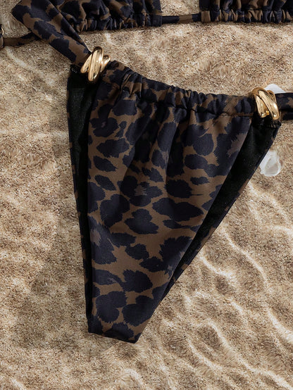 Swim Vcay Women's Spring/Summer Beach Music Festival Leopard Print Metallic Accessories Thick Shoulder Strap Fashion Elegant Sexy Bikini Set