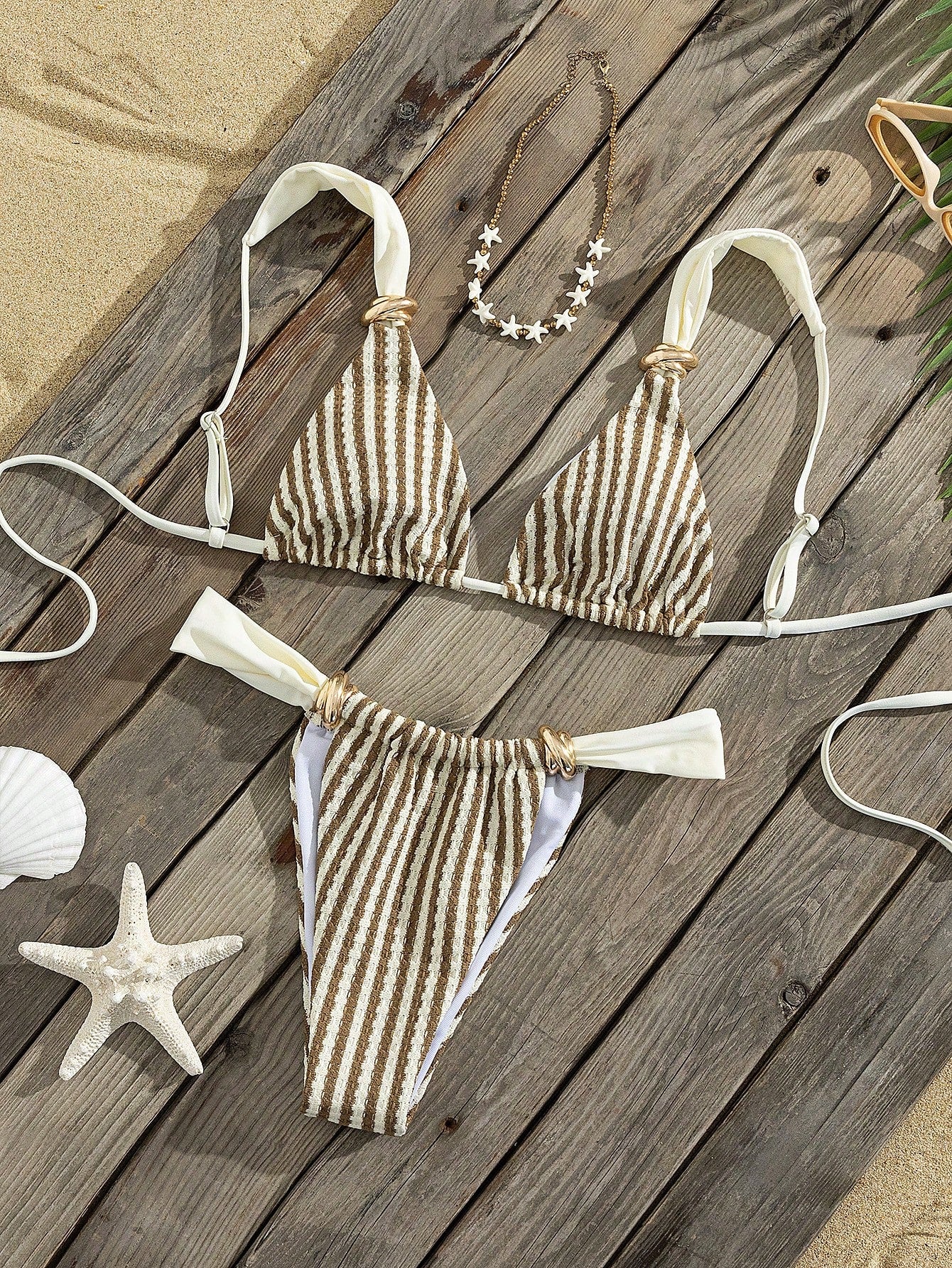 Swim Vcay Women's Spring/Summer Beach Striped Jacquard Fabric Color Block Metallic Accessories Wide Strap Thong Bikini Set- Cute Casual Style