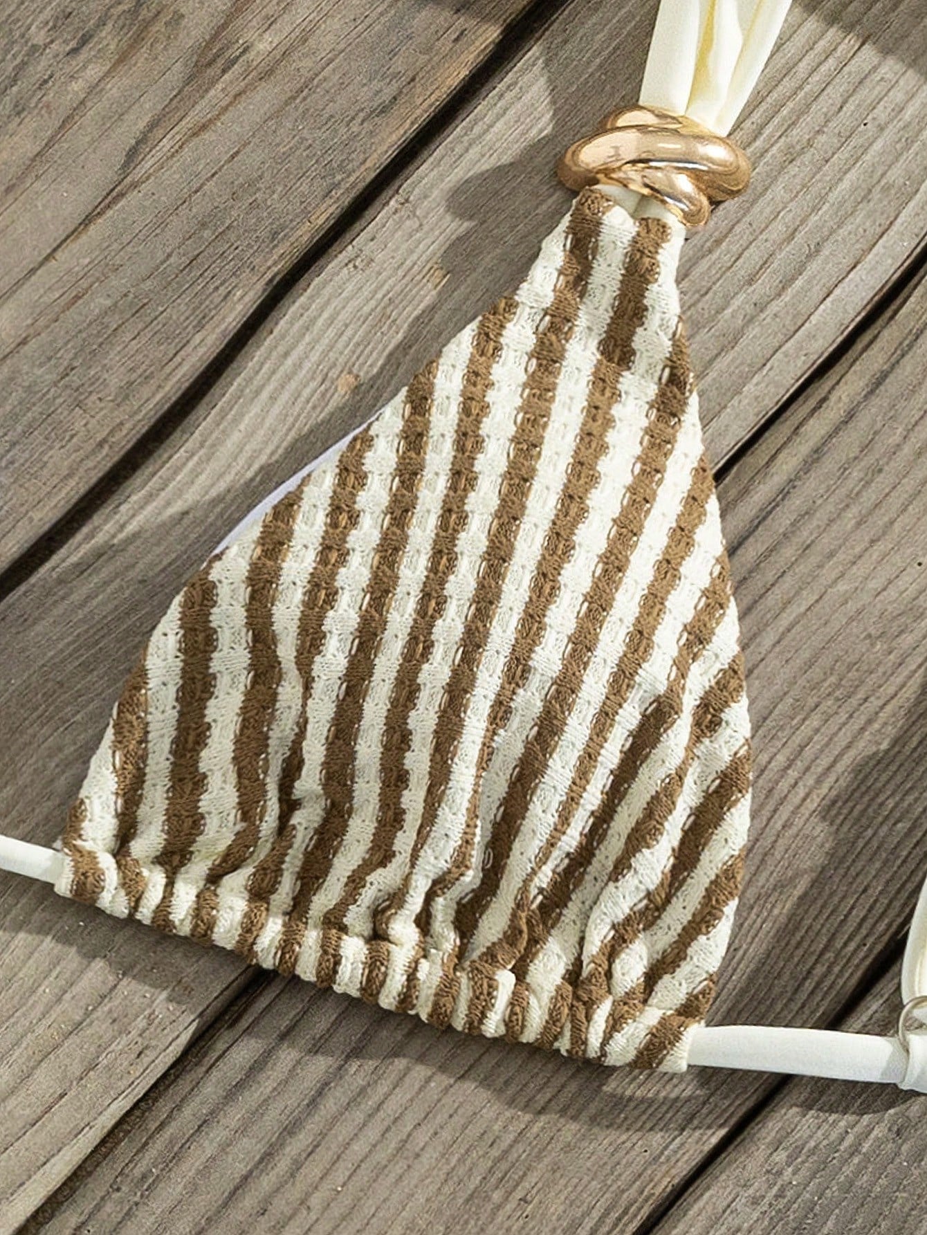 Swim Vcay Women's Spring/Summer Beach Striped Jacquard Fabric Color Block Metallic Accessories Wide Strap Thong Bikini Set- Cute Casual Style