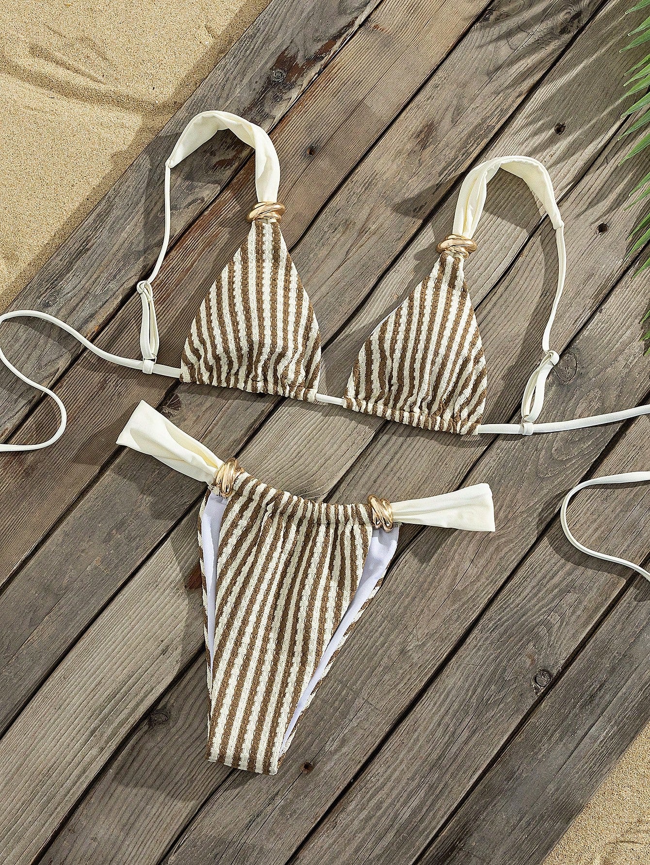 Swim Vcay Women's Spring/Summer Beach Striped Jacquard Fabric Color Block Metallic Accessories Wide Strap Thong Bikini Set- Cute Casual Style