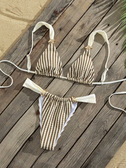 Swim Vcay Women's Spring/Summer Beach Striped Jacquard Fabric Color Block Metallic Accessories Wide Strap Thong Bikini Set- Cute Casual Style