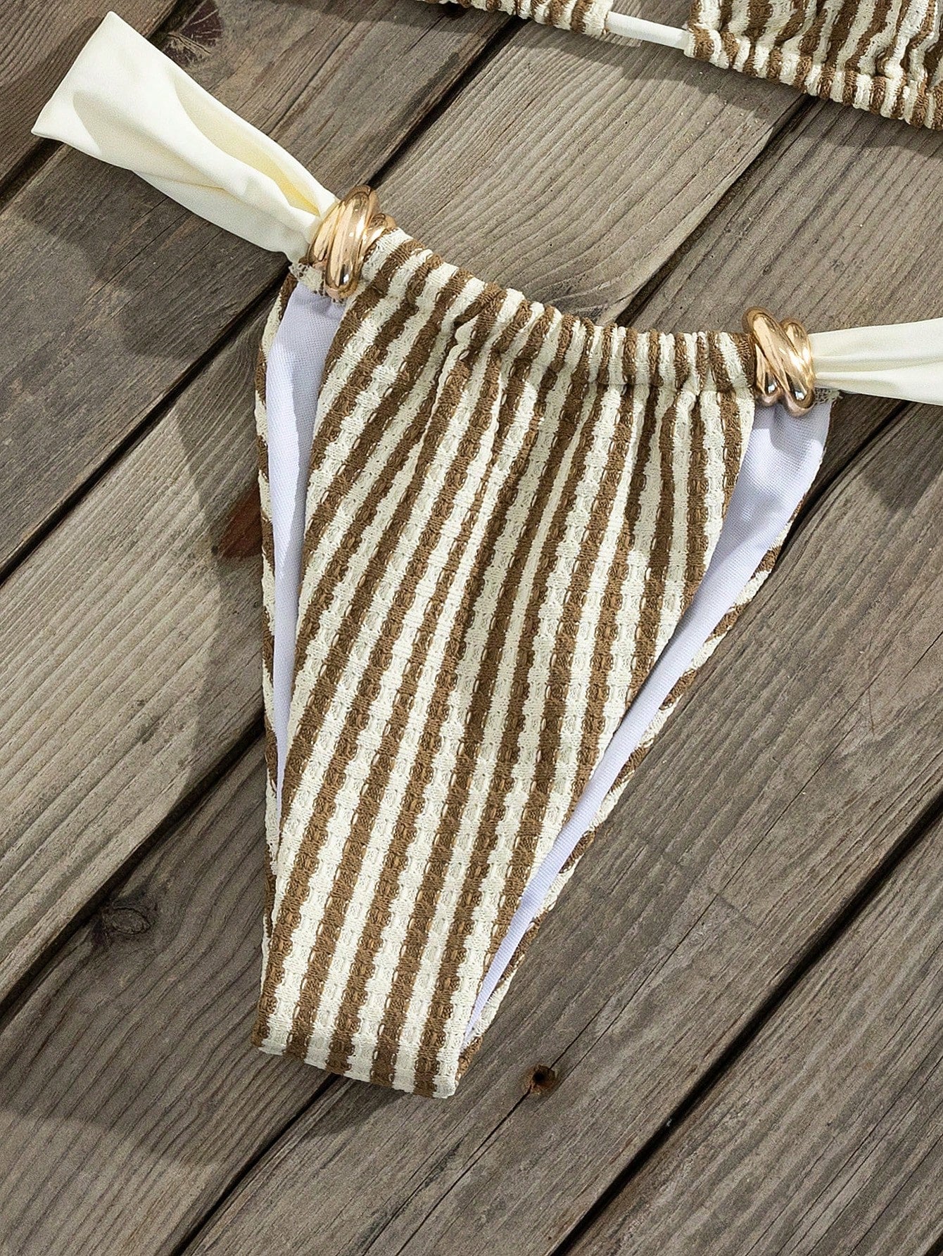 Swim Vcay Women's Spring/Summer Beach Striped Jacquard Fabric Color Block Metallic Accessories Wide Strap Thong Bikini Set- Cute Casual Style