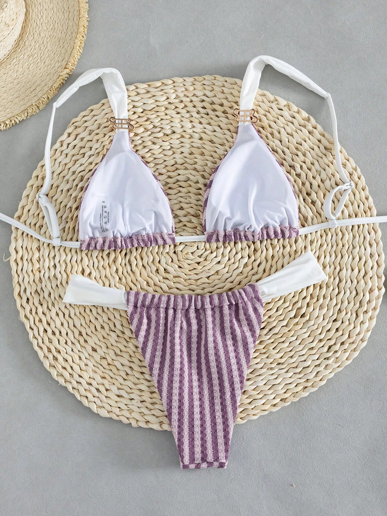 Swim Vcay Women's Spring/Summer Striped Jacquard Fabric Color Block Metallic Accessories Wide Strap Thong Bikini Set- Cute Casual Beach Style
