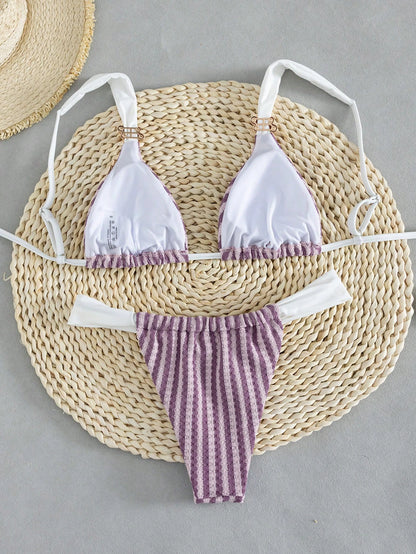 Swim Vcay Women's Spring/Summer Striped Jacquard Fabric Color Block Metallic Accessories Wide Strap Thong Bikini Set- Cute Casual Beach Style