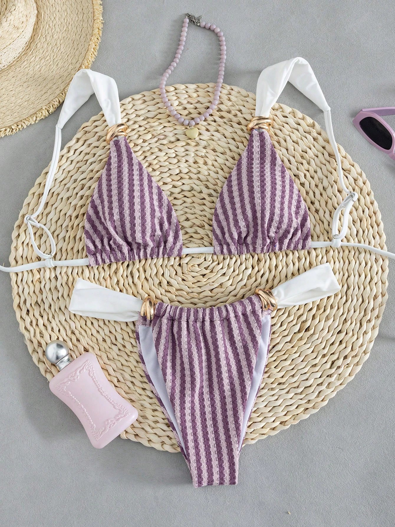 Swim Vcay Women's Spring/Summer Striped Jacquard Fabric Color Block Metallic Accessories Wide Strap Thong Bikini Set- Cute Casual Beach Style