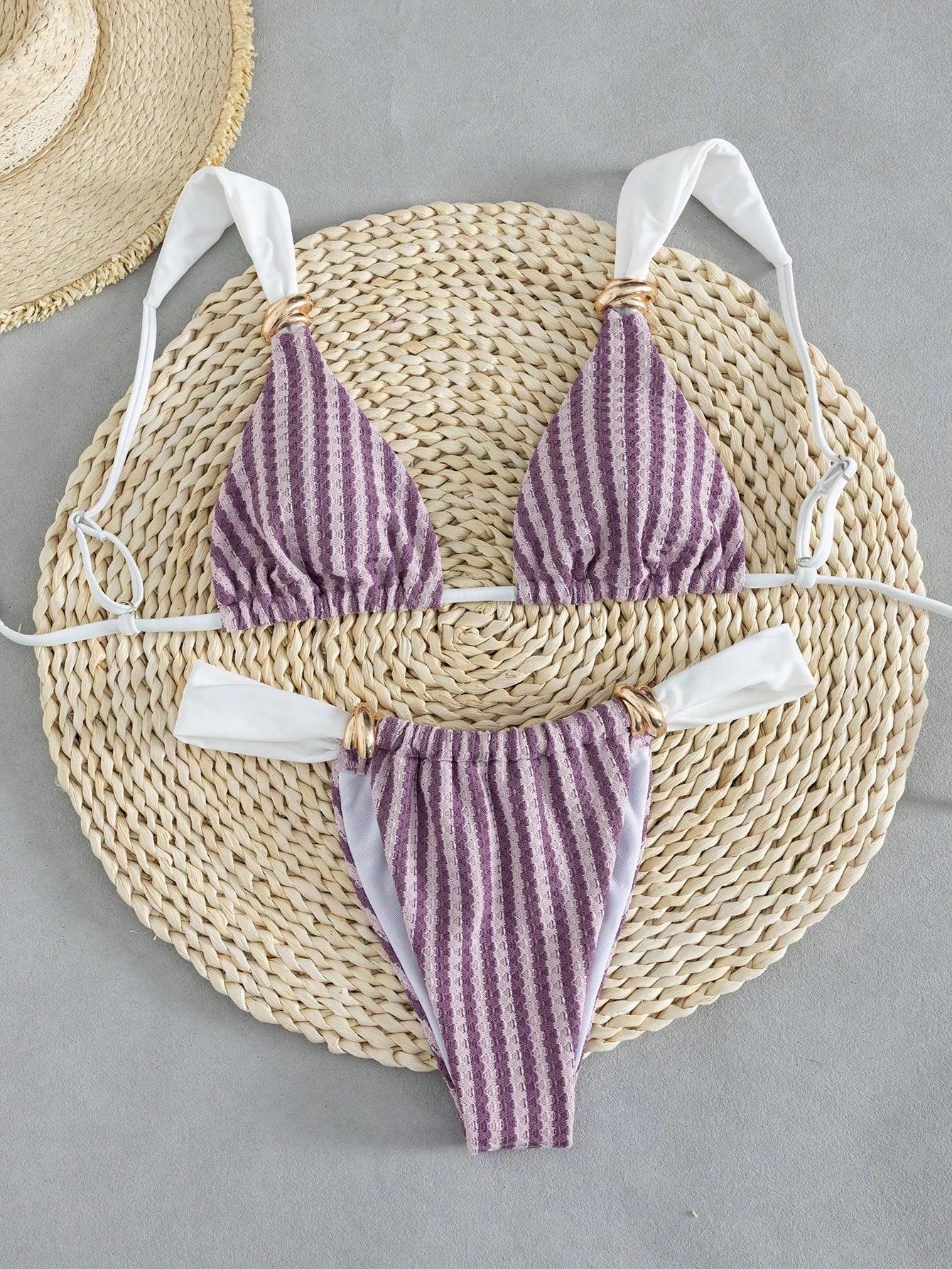 Swim Vcay Women's Spring/Summer Striped Jacquard Fabric Color Block Metallic Accessories Wide Strap Thong Bikini Set- Cute Casual Beach Style