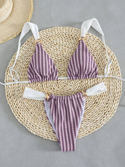 Swim Vcay Women's Spring/Summer Striped Jacquard Fabric Color Block Metallic Accessories Wide Strap Thong Bikini Set- Cute Casual Beach Style