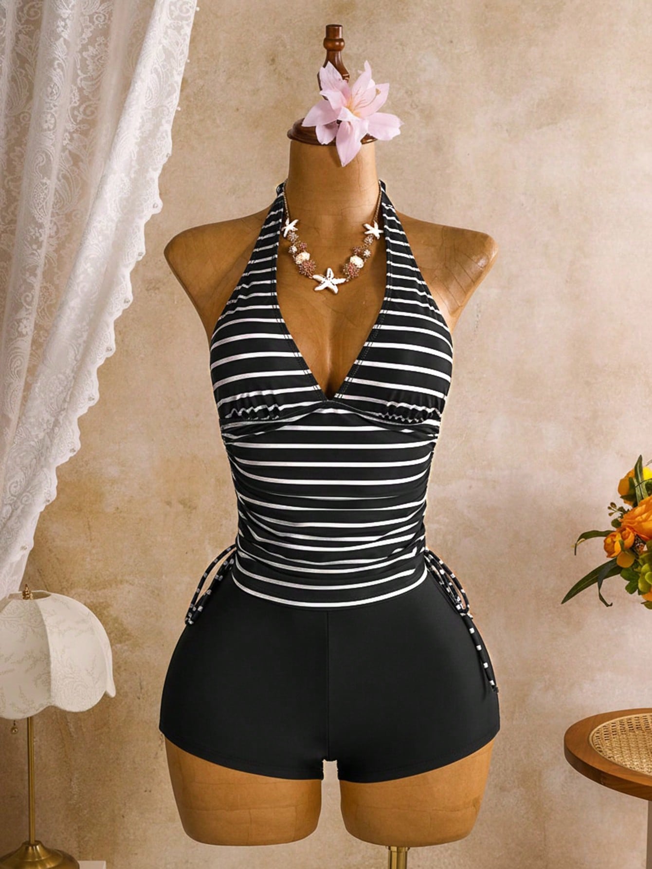 Swim Vcay Women's Striped Colorblock Halter Tankini And Shorts Two-Piece Swimsuit Set, Suitable For Summer Vacation And Beach