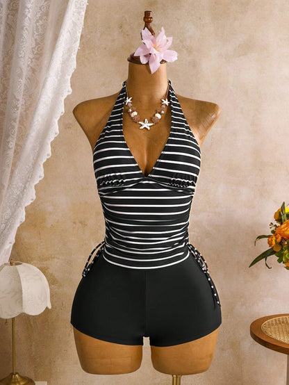 Swim Vcay Women's Striped Colorblock Halter Tankini And Shorts Two-Piece Swimsuit Set, Suitable For Summer Vacation And Beach