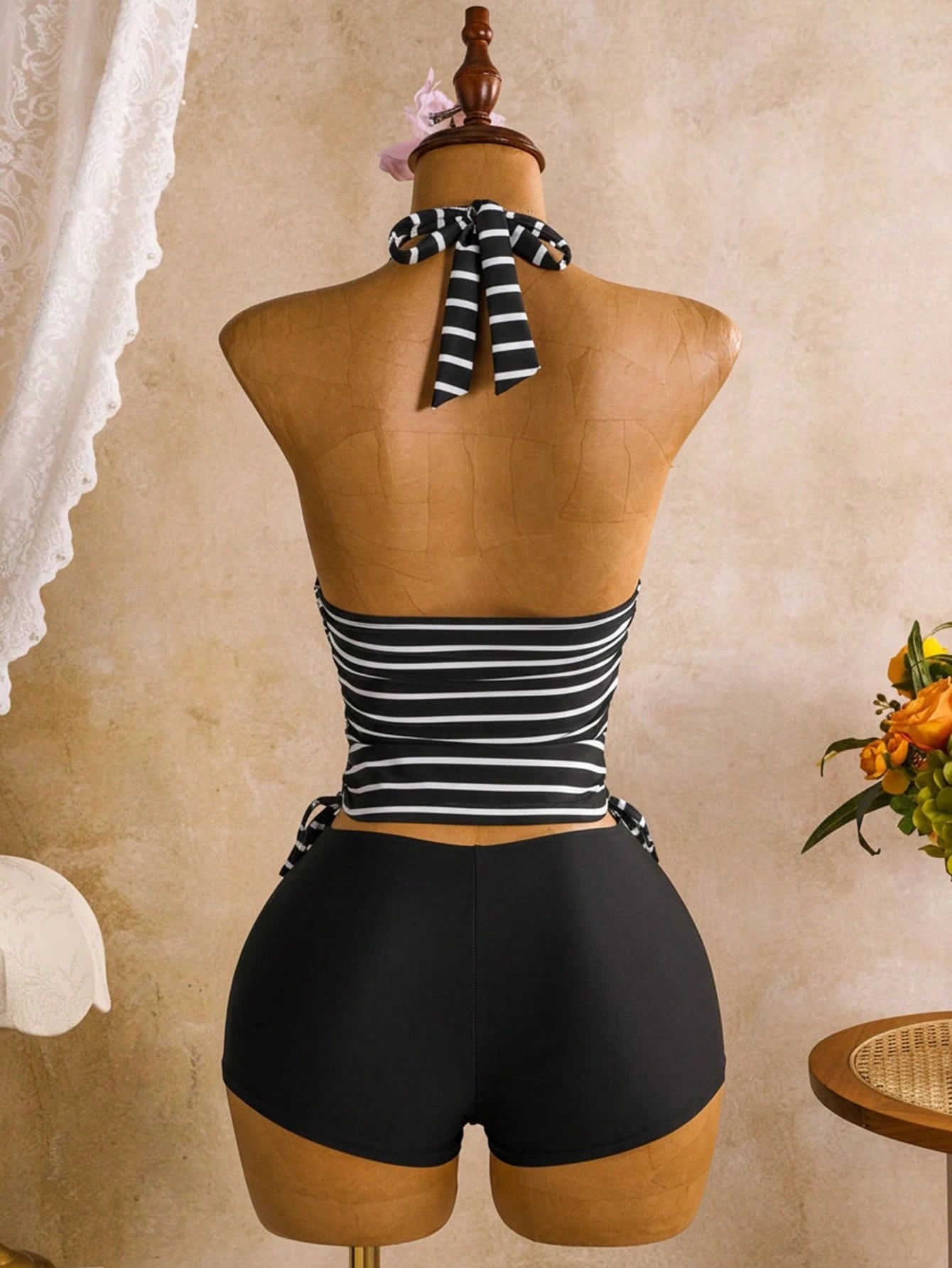 Swim Vcay Women's Striped Colorblock Halter Tankini And Shorts Two-Piece Swimsuit Set, Suitable For Summer Vacation And Beach