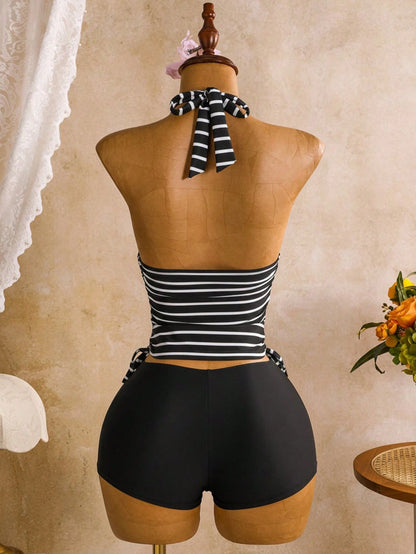 Swim Vcay Women's Striped Colorblock Halter Tankini And Shorts Two-Piece Swimsuit Set, Suitable For Summer Vacation And Beach