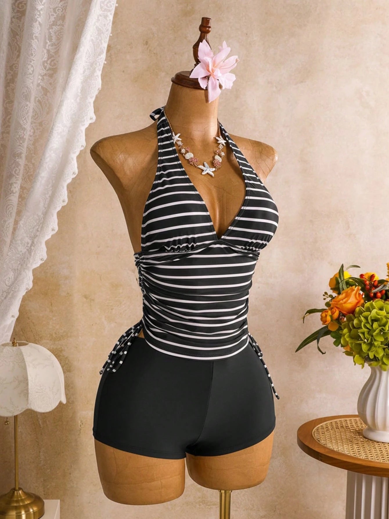 Swim Vcay Women's Striped Colorblock Halter Tankini And Shorts Two-Piece Swimsuit Set, Suitable For Summer Vacation And Beach