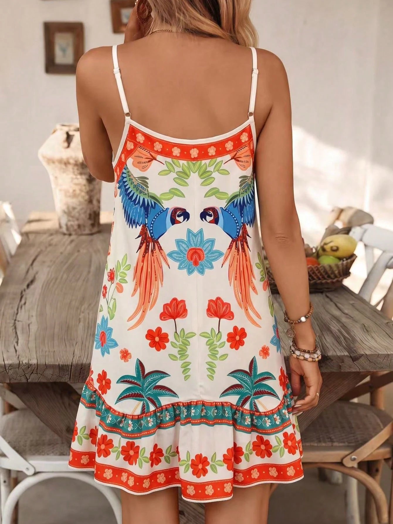 Swim Vcay Women's Summer Beach Adjustable Strap Bohemian Placement Print Patchwork Asymmetrical Ruffle Design Vacation Cover-Up Dress