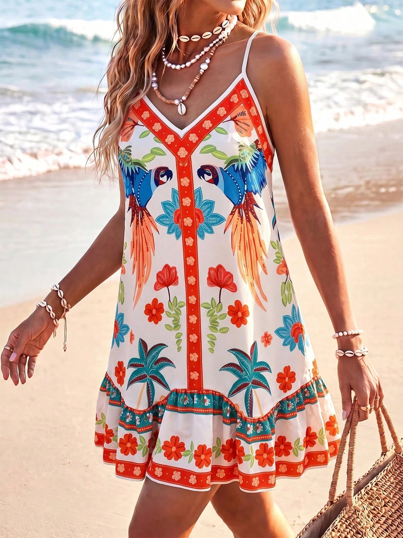 Swim Vcay Women's Summer Beach Adjustable Strap Bohemian Placement Print Patchwork Asymmetrical Ruffle Design Vacation Cover-Up Dress