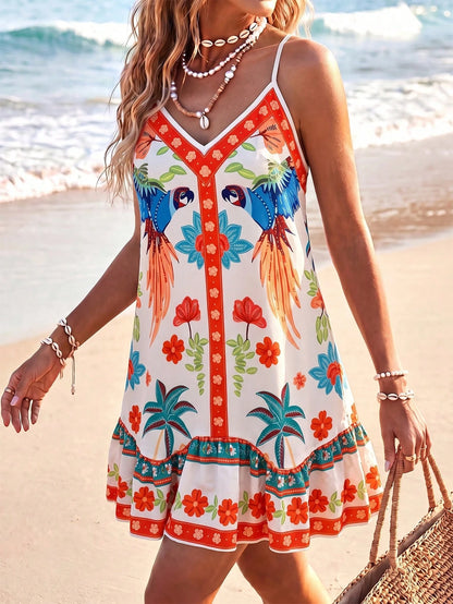 Swim Vcay Women's Summer Beach Adjustable Strap Bohemian Placement Print Patchwork Asymmetrical Ruffle Design Vacation Cover-Up Dress