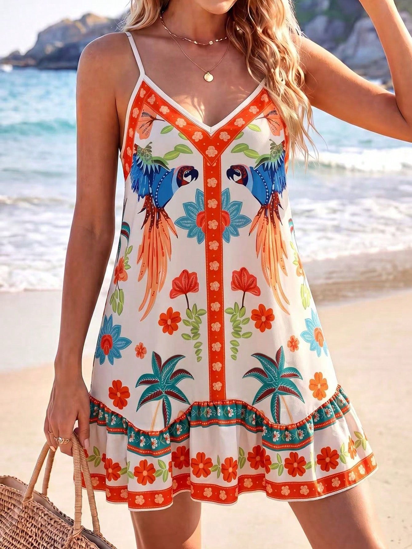 Swim Vcay Women's Summer Beach Adjustable Strap Bohemian Placement Print Patchwork Asymmetrical Ruffle Design Vacation Cover-Up Dress