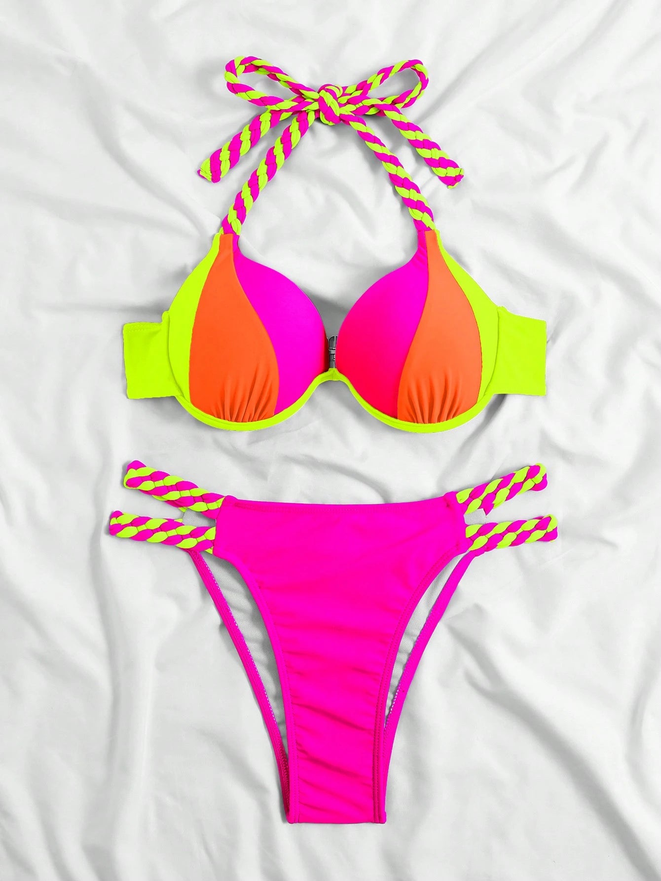 Swim Vcay Women's Summer Beach Color-Block Halter Strap Sexy Bikini Set, Printed (Random)