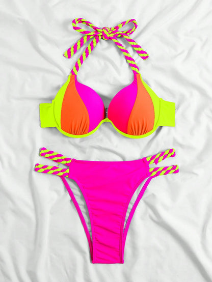 Swim Vcay Women's Summer Beach Color-Block Halter Strap Sexy Bikini Set, Printed (Random)