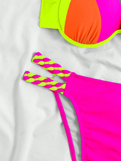 Swim Vcay Women's Summer Beach Color-Block Halter Strap Sexy Bikini Set, Printed (Random)