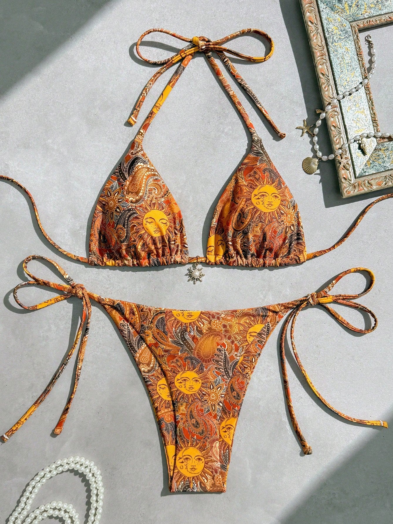 Swim Vcay Women's Summer Beach Full Print Halter Tie Sexy Bikini And Triangle Briefs Swimwear Set