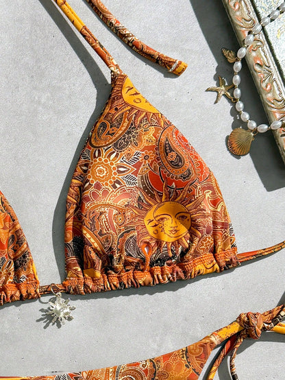 Swim Vcay Women's Summer Beach Full Print Halter Tie Sexy Bikini And Triangle Briefs Swimwear Set
