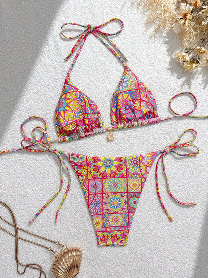 Swim Vcay Women's Summer Beach Full Print Halter Tie Sexy Bikini And Triangle Briefs Swimwear Set