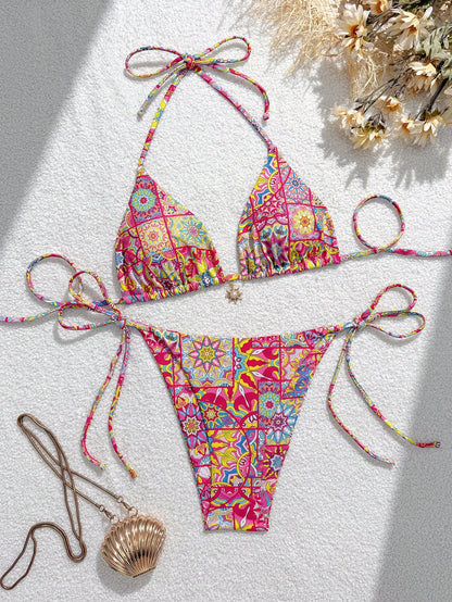 Swim Vcay Women's Summer Beach Full Print Halter Tie Sexy Bikini And Triangle Briefs Swimwear Set