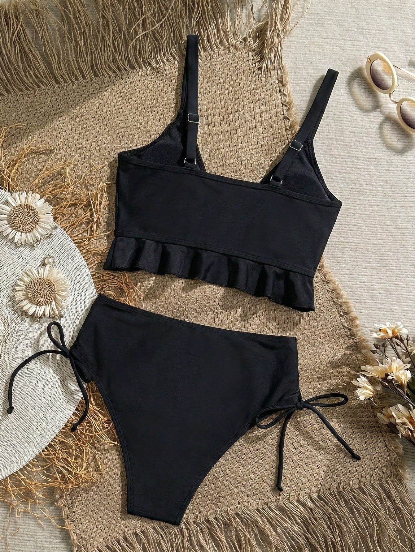 Swim Vcay Women's Summer Beach Holiday Solid Color Sexy Camisole Bikini Set, Ruffle, V-Neck, Women's Holiday Outfit, Black Top, Black Bottoms, Women's Holiday Wear, Beach Wear