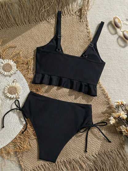 Swim Vcay Women's Summer Beach Holiday Solid Color Sexy Camisole Bikini Set, Ruffle, V-Neck, Women's Holiday Outfit, Black Top, Black Bottoms, Women's Holiday Wear, Beach Wear