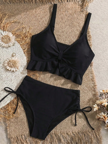 Swim Vcay Women's Summer Beach Holiday Solid Color Sexy Camisole Bikini Set, Ruffle, V-Neck, Women's Holiday Outfit, Black Top, Black Bottoms, Women's Holiday Wear, Beach Wear