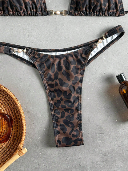 Swim Vcay Women's Summer Beach Leopard Print Halter Tie Sexy Bikini And Triangle Bottom Two-Piece Swimsuit Set