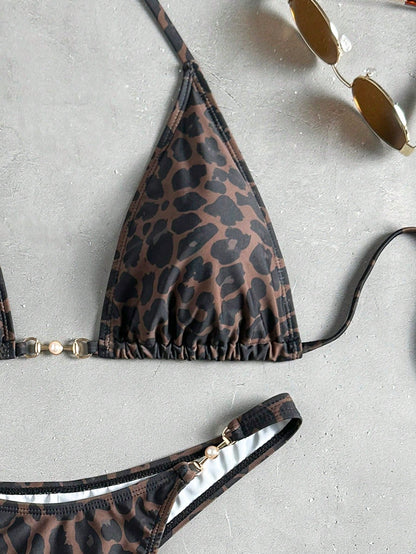 Swim Vcay Women's Summer Beach Leopard Print Halter Tie Sexy Bikini And Triangle Bottom Two-Piece Swimsuit Set