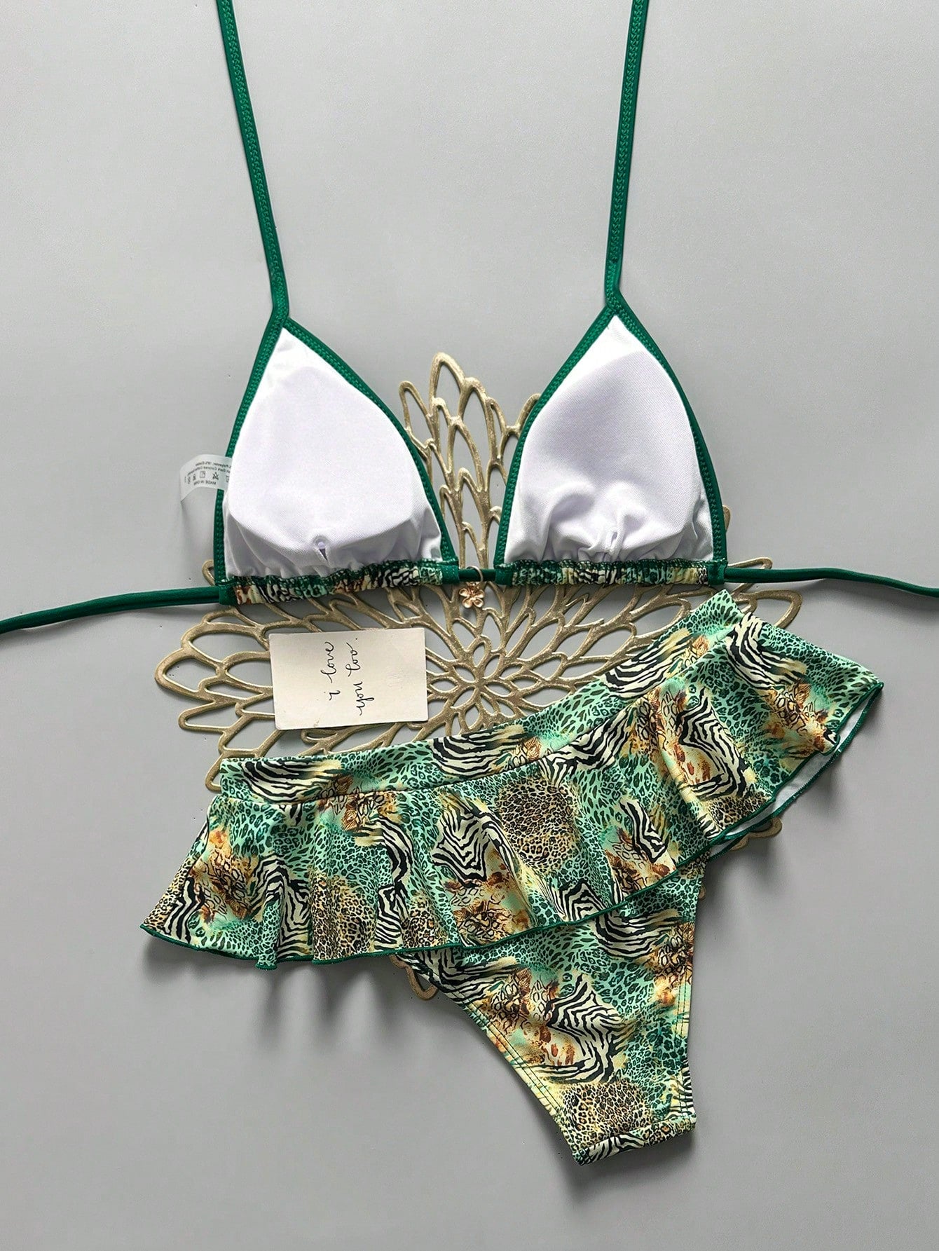 Swim Vcay Women's Summer Beach Minimalist Elegant Romantic Casual Vacation Sexy Sweet Cute Fashionable Swimsuit Set, Basic Versatile Leopard Print Halter Bikini Triangle Top With 2 In 1 Ruffle Mini Sk