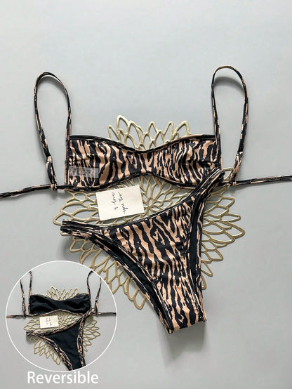 Swim Vcay Women's Summer Beach Minimalist Elegant Romantic Casual Vacation Sexy Fashion Outerwear Swimsuit Set, All-Match Versatile Leopard & Zebra Print, Double-Sided Print Reversible, Multiple Styli