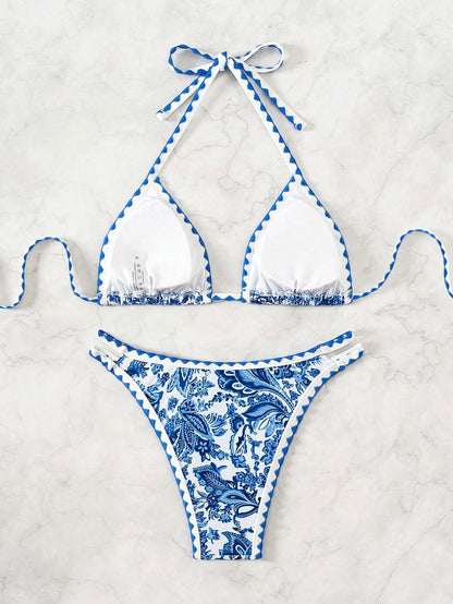 Swim Vcay Women's Summer Beach Plant Printed Halter Neck Sexy Bikini Set With Separated Bikini Set