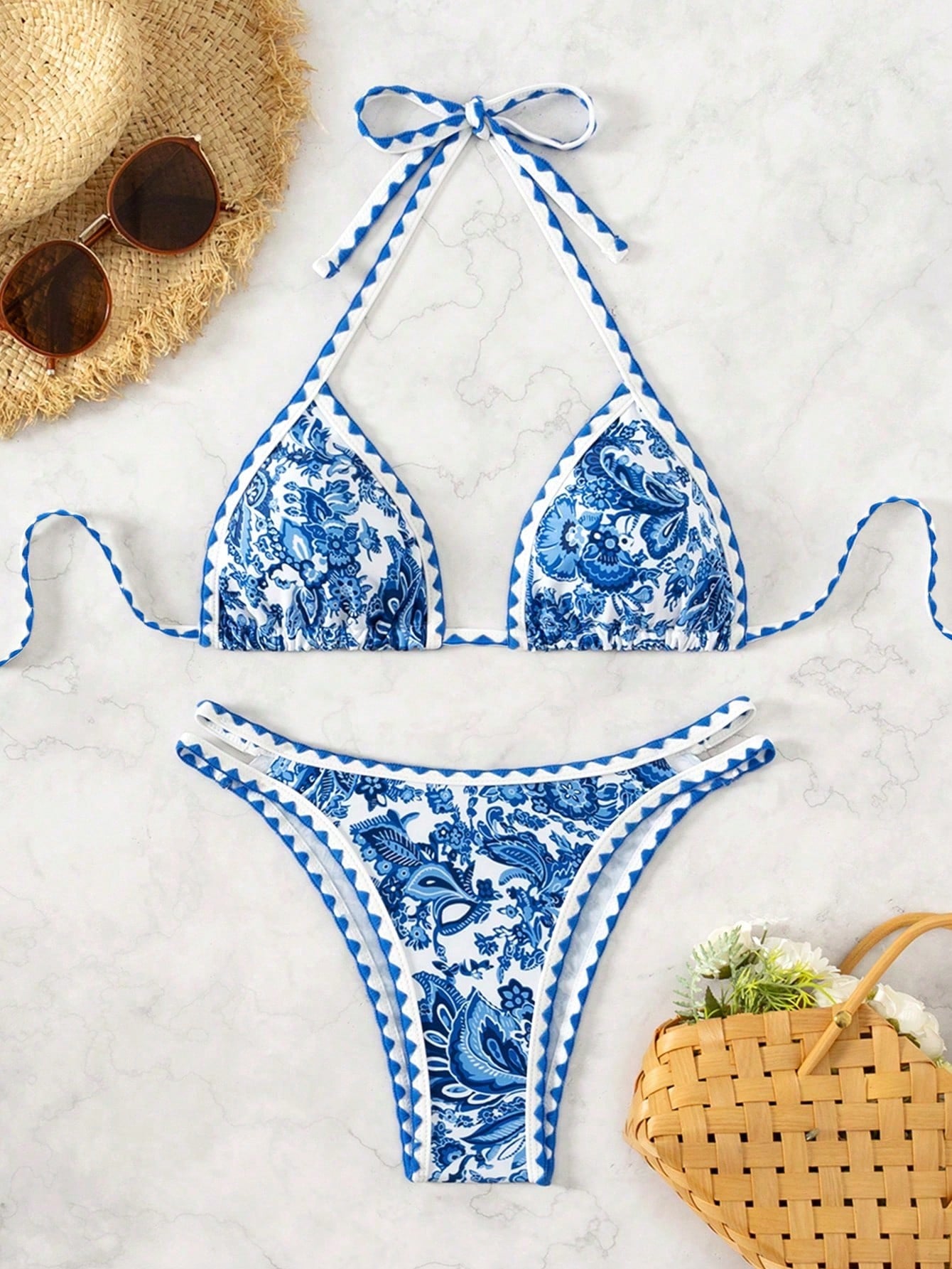 Swim Vcay Women's Summer Beach Plant Printed Halter Neck Sexy Bikini Set With Separated Bikini Set
