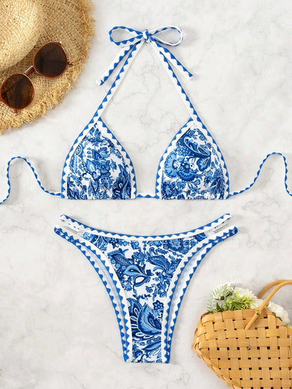 Swim Vcay Women's Summer Beach Plant Printed Halter Neck Sexy Bikini Set With Separated Bikini Set
