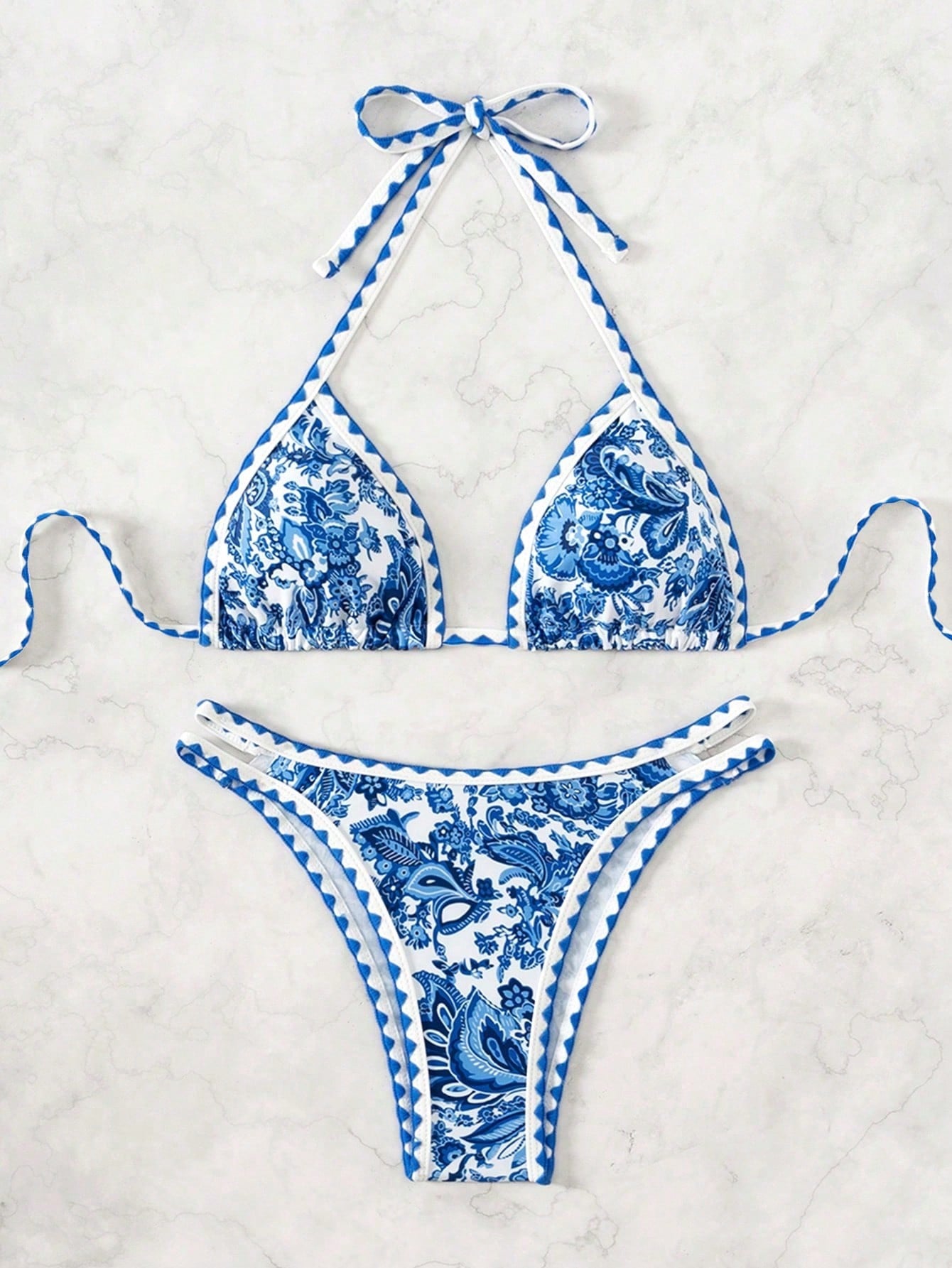 Swim Vcay Women's Summer Beach Plant Printed Halter Neck Sexy Bikini Set With Separated Bikini Set