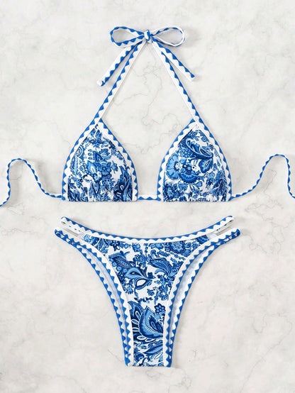 Swim Vcay Women's Summer Beach Plant Printed Halter Neck Sexy Bikini Set With Separated Bikini Set