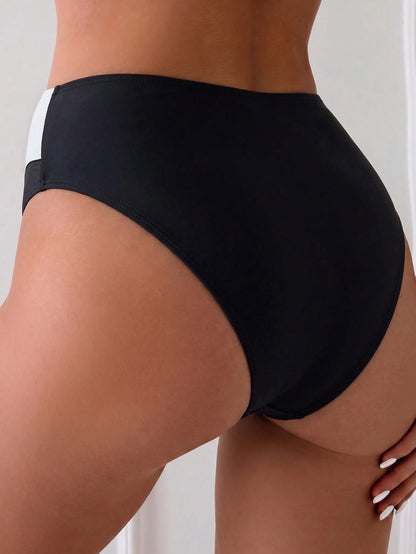 Swim Vcay Women's Summer Beach Ruched Colorblock Bikini Bottoms With Metal Hardware Black Sexy