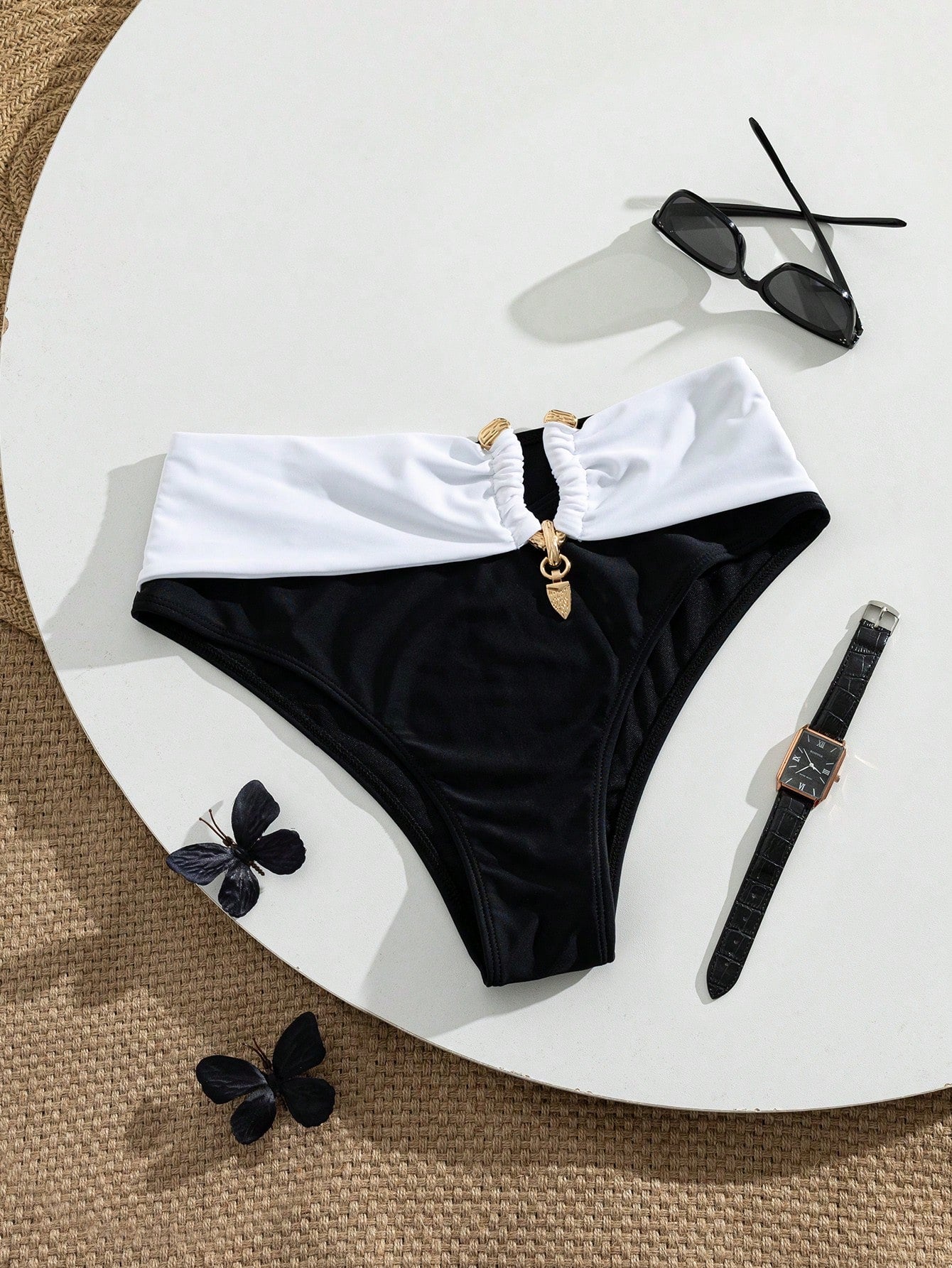Swim Vcay Women's Summer Beach Ruched Colorblock Bikini Bottoms With Metal Hardware Black Sexy