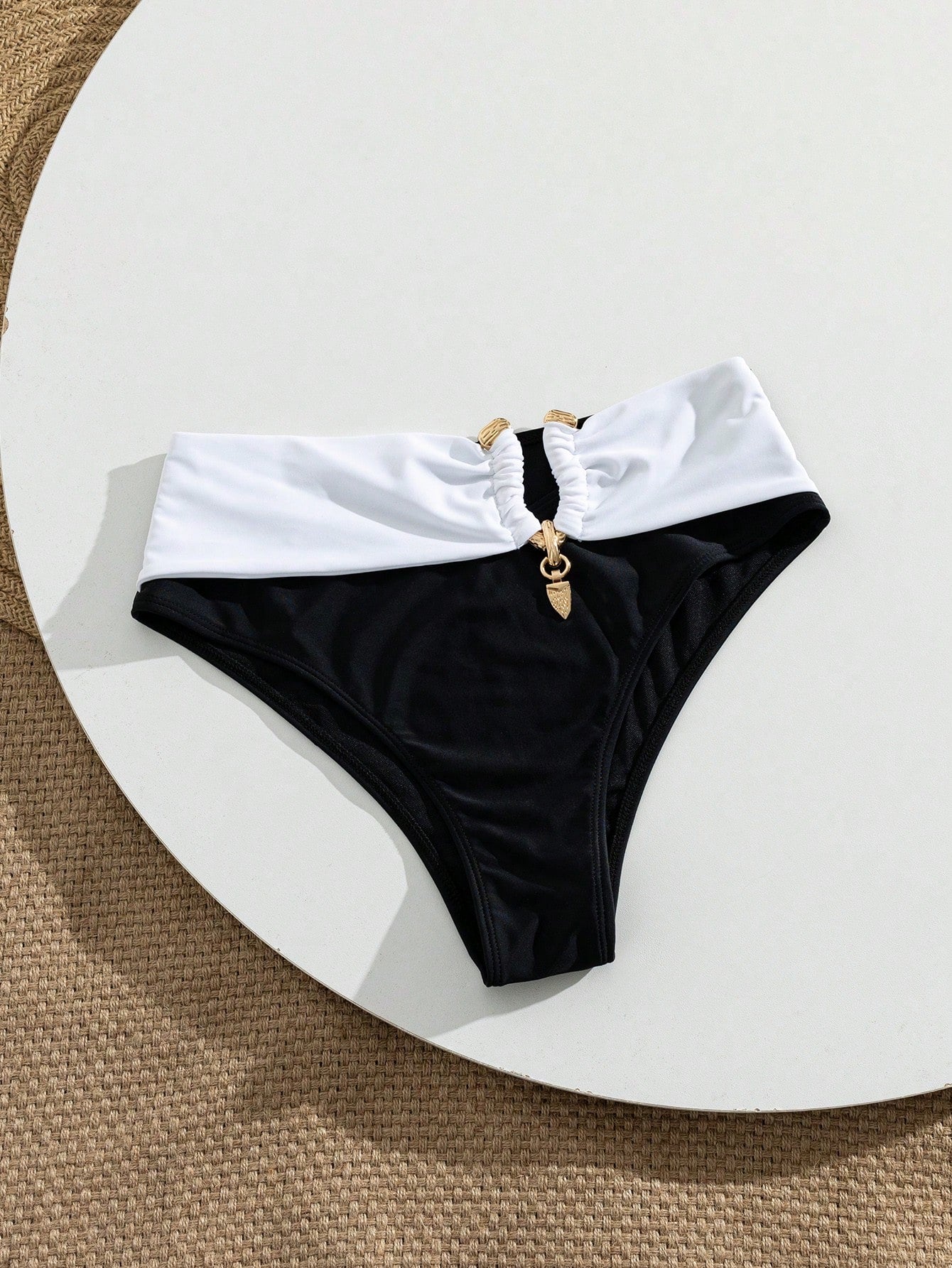 Swim Vcay Women's Summer Beach Ruched Colorblock Bikini Bottoms With Metal Hardware Black Sexy