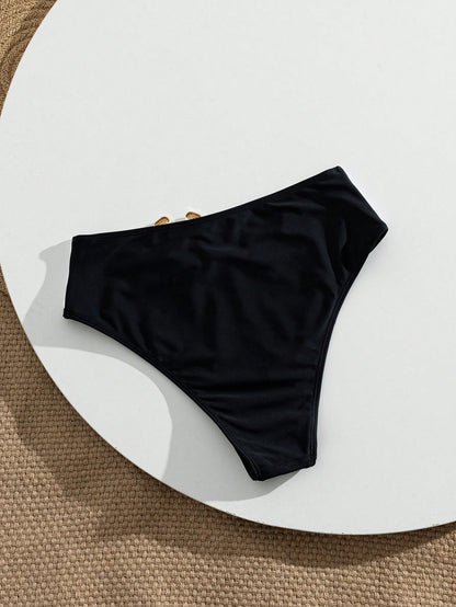 Swim Vcay Women's Summer Beach Ruched Colorblock Bikini Bottoms With Metal Hardware Black Sexy