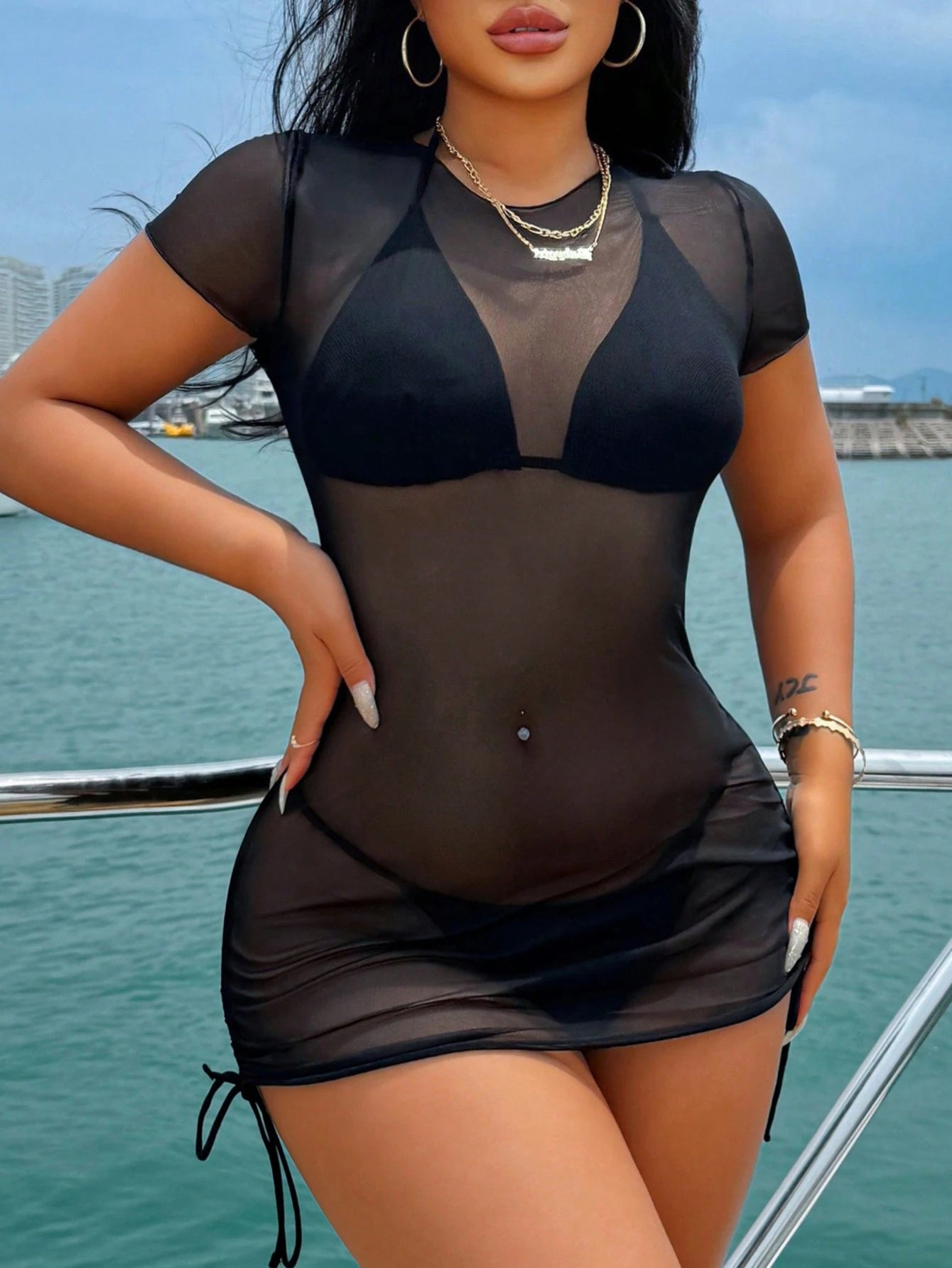 Swim Vcay Women's Summer Beach See-Through Mesh Cover Up With Drawstring Side, Slim Fit