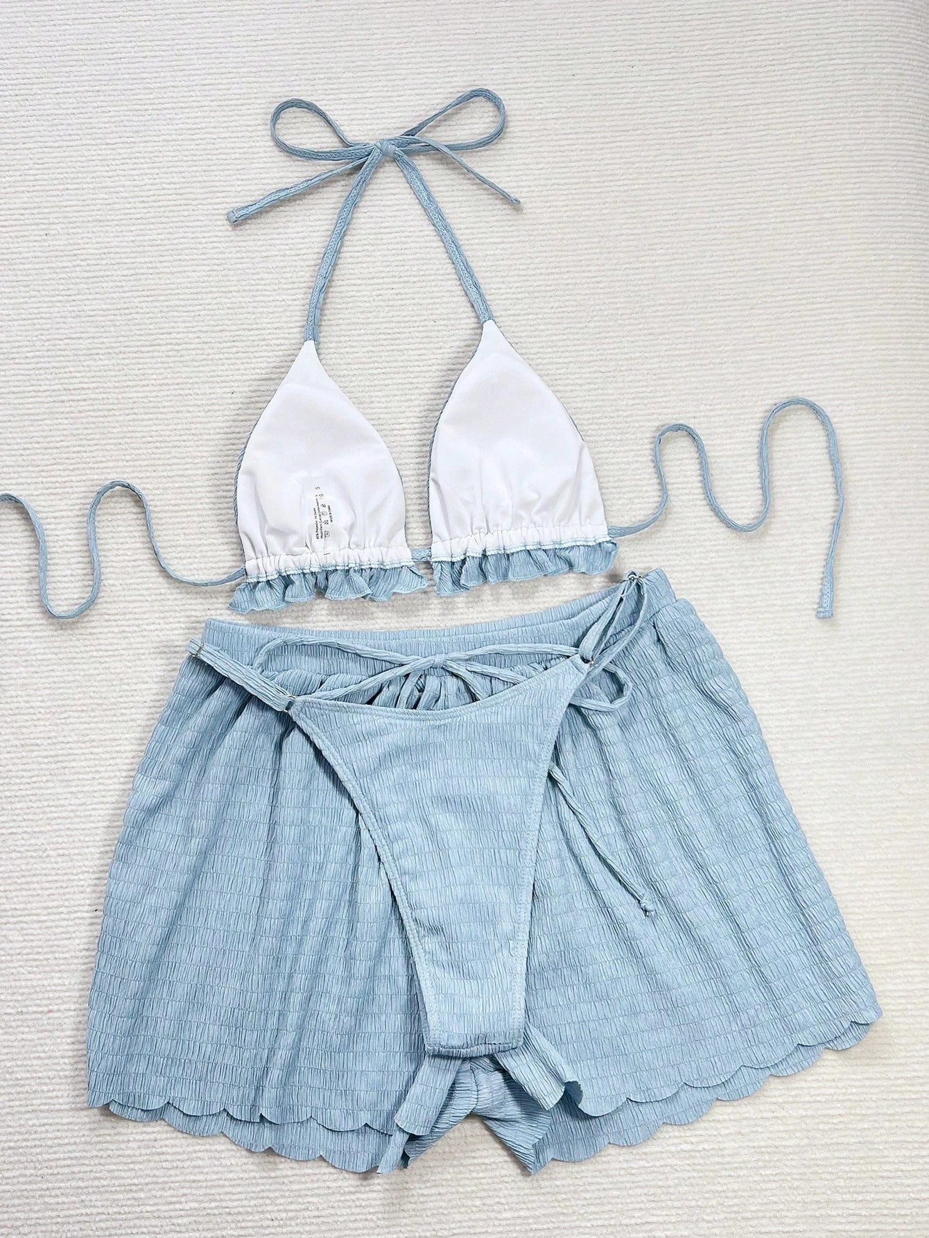 Swim Vcay Women's Summer Beach Solid Color Halter Tie Sexy Bikini Swimwear Set With Shorts, Ruffle Trim, 3pcs/Set
