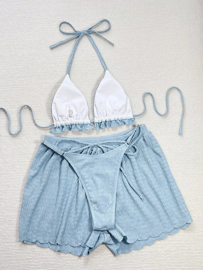 Swim Vcay Women's Summer Beach Solid Color Halter Tie Sexy Bikini Swimwear Set With Shorts, Ruffle Trim, 3pcs/Set