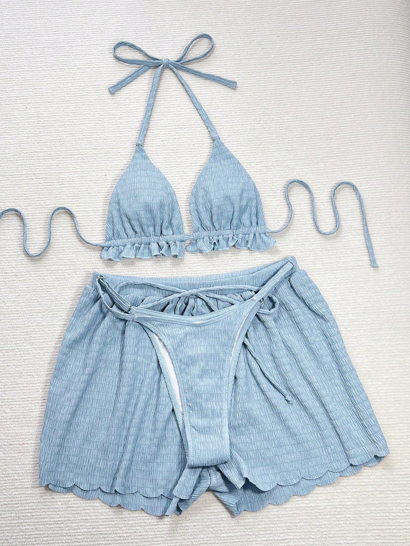 Swim Vcay Women's Summer Beach Solid Color Halter Tie Sexy Bikini Swimwear Set With Shorts, Ruffle Trim, 3pcs/Set