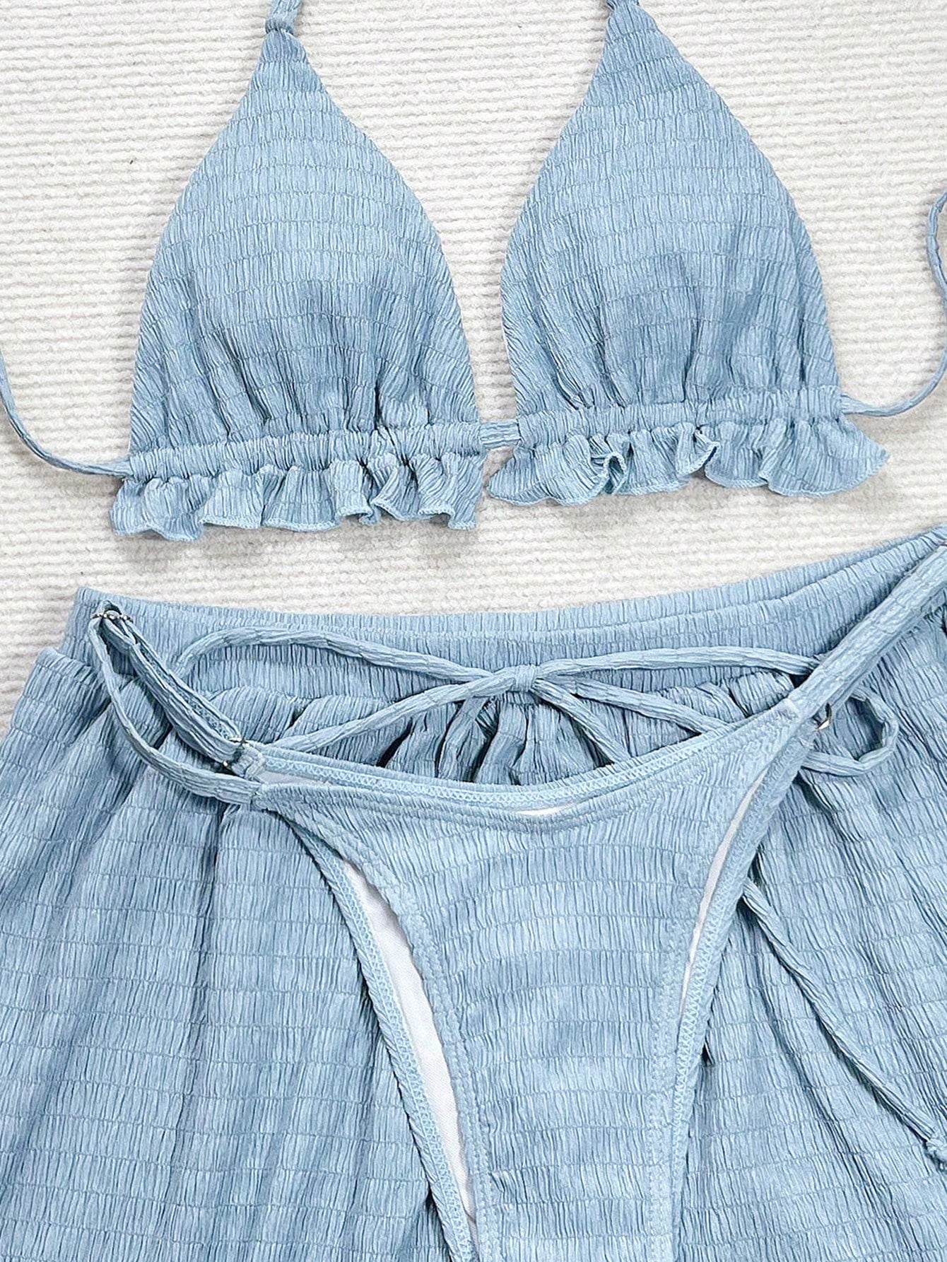 Swim Vcay Women's Summer Beach Solid Color Halter Tie Sexy Bikini Swimwear Set With Shorts, Ruffle Trim, 3pcs/Set