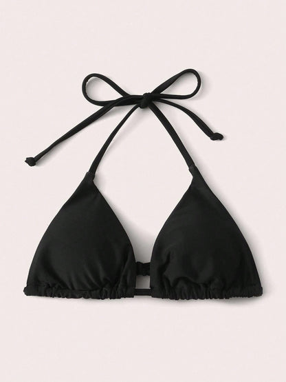 Swim Vcay Women's Summer Beach Solid Color Halter Tie Sexy Triangle Cup Bikini Top (Removable Bow Tie)